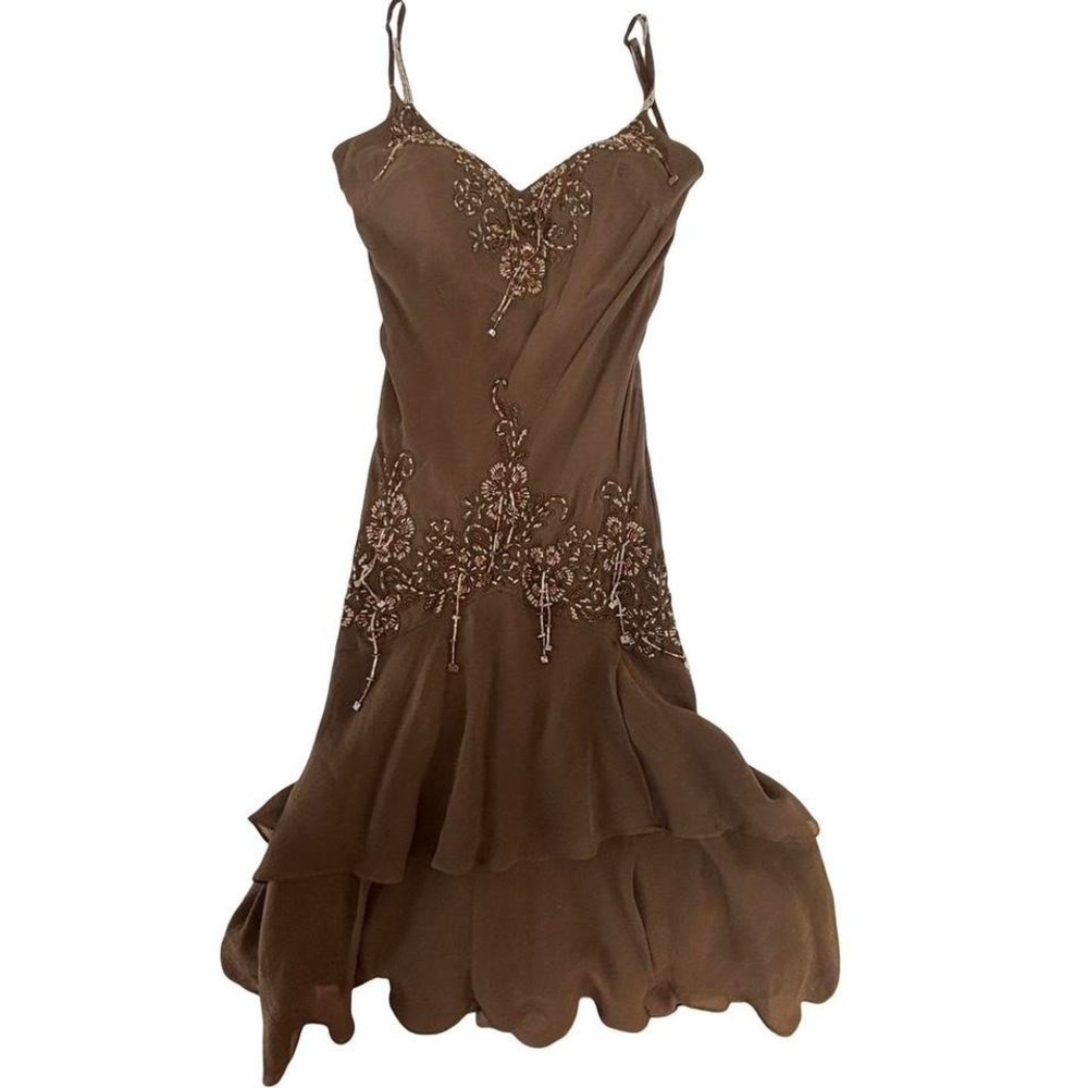 y2k vintage insane Sue Wong brown/olive mossy green brown beaded silk dress 2 - Picture 2 of 7